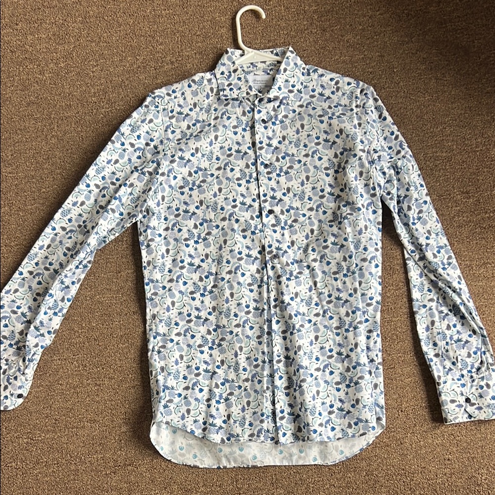 White Blue Patterned Long-Sleeved Shirt